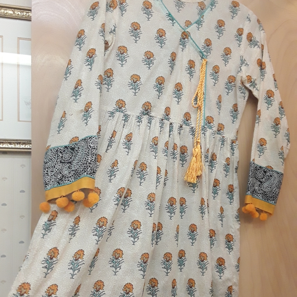 Yellow White Floral Boho Tassle Dress